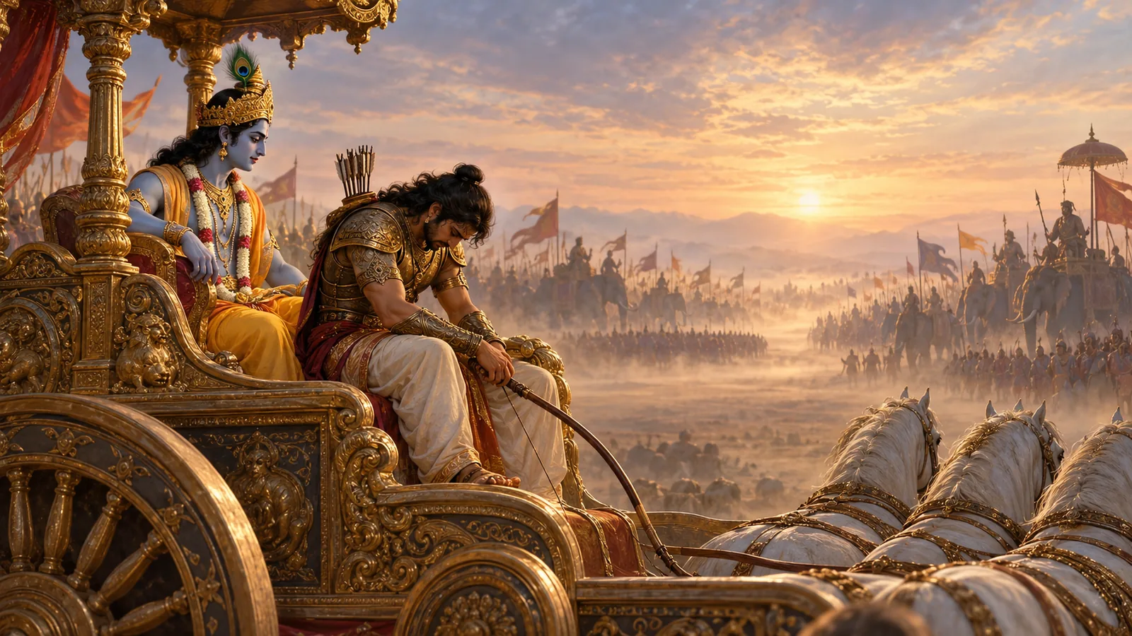 भागवत गीता अध्याय १ अर्जुन विषाद योग — कुरुक्षेत्रमा विषादमा डुबेका अर्जुन र उनलाई सम्झाउँदै श्रीकृष्णको चित्रण (Bhagavad Gita Chapter 1 Arjuna Vishada Yoga in Nepali)