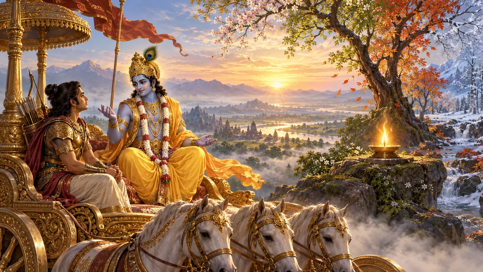 भागवत गीता अध्याय २ सांख्य योग — आत्माको अमरता र ज्ञानको प्रकाश देखाउँदै श्रीकृष्णले अर्जुनलाई दिएको उपदेशको चित्रण (Bhagavad Gita Chapter 2 Sankhya Yoga in Nepali)