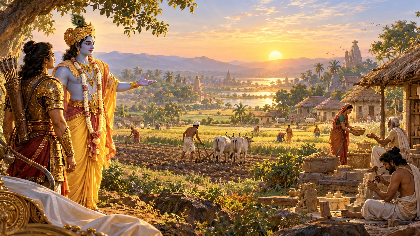 भागवत गीता अध्याय ३ कर्म योग — निष्काम कर्म र कर्तव्यपालनको मार्ग देखाउँदै श्रीकृष्ण र अर्जुनको चित्रण (Bhagavad Gita Chapter 3 Karma Yoga in Nepali)