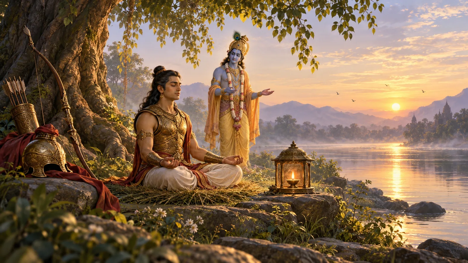 भागवत गीता अध्याय ६ आत्मसंयम योग — ध्यानमा लीन योगी र मनको नियन्त्रणको शान्त चित्रण (Bhagavad Gita Chapter 6 Atma Samyama Yoga in Nepali)