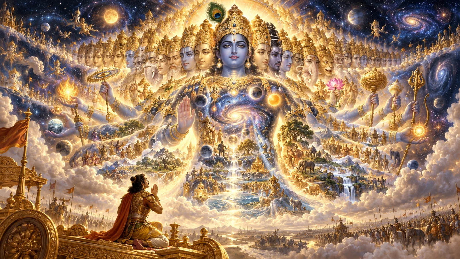 भागवत गीता अध्याय ११ विश्वरूप दर्शन योग — श्रीकृष्णको विराट विश्वरूपको भव्य दर्शनको चित्रण (Bhagavad Gita Chapter 11 Vishvarupa Darshana Yoga in Nepali)