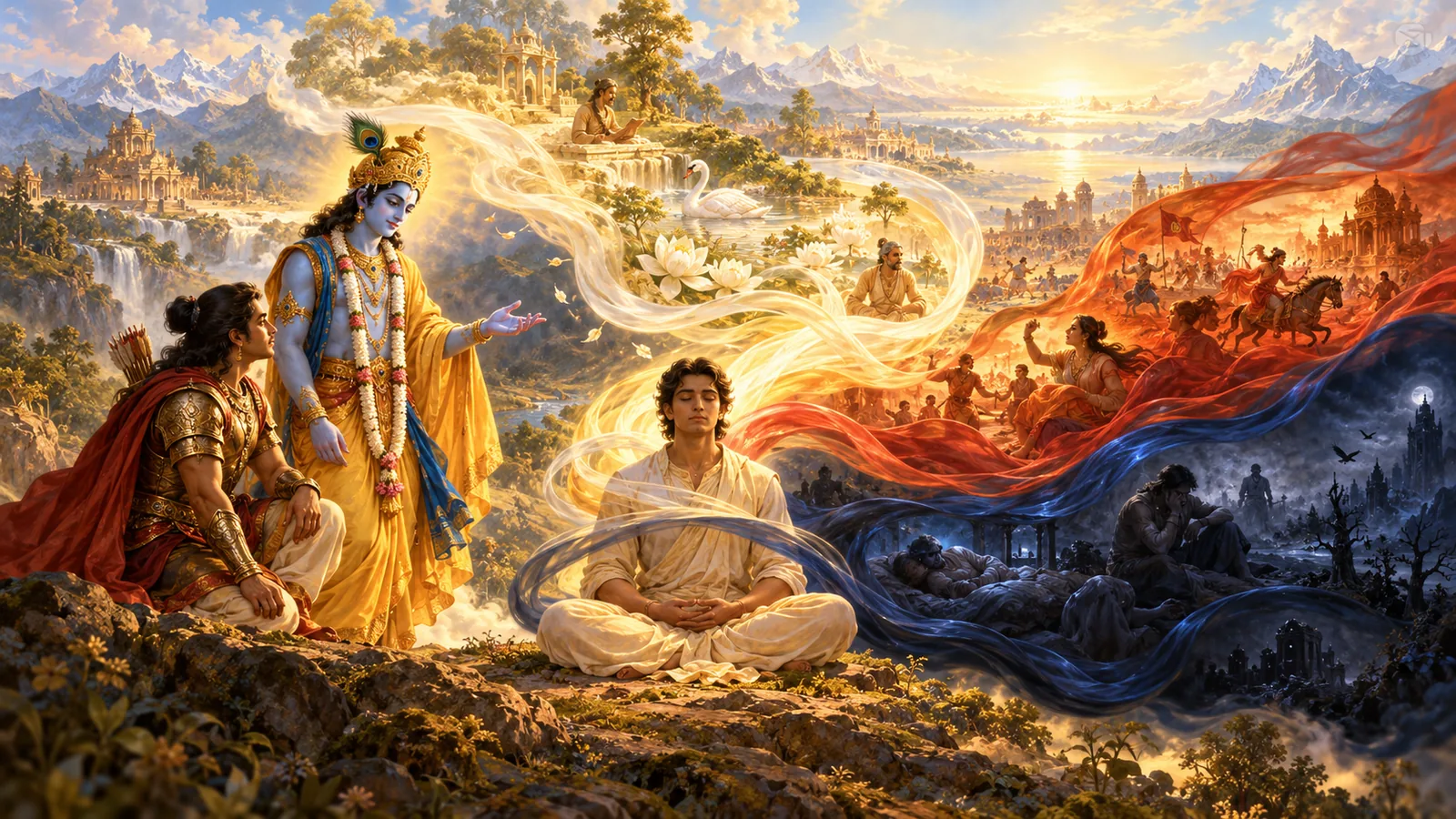 भागवत गीता अध्याय १४ गुणत्रय विभाग योग — सत्व, रज र तम गुणको प्रभावको चित्रण (Bhagavad Gita Chapter 14 Gunatraya Vibhaga Yoga in Nepali)